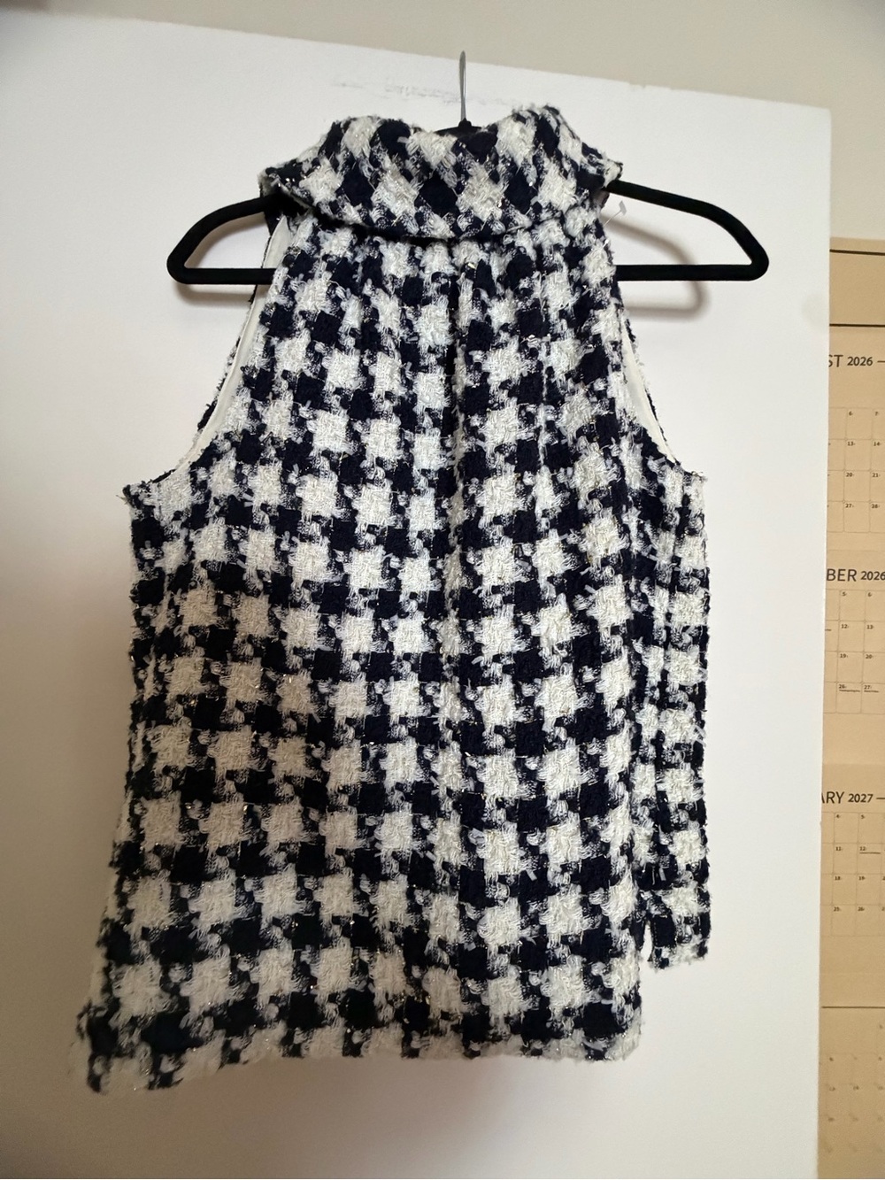 Sail to Sable Black and White Bouclé Houndstooth Sleeveless Mock Neck Top